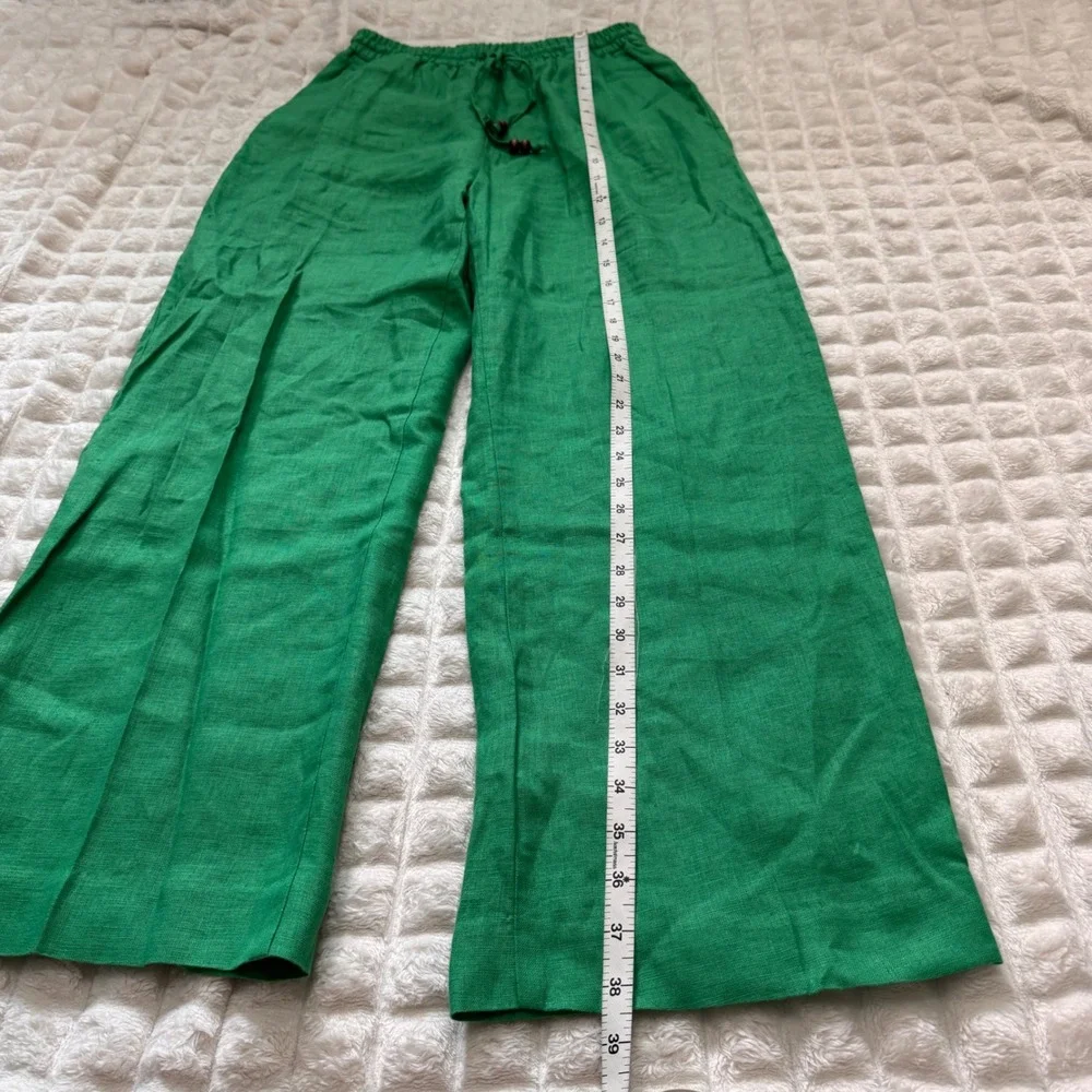 Zara Medium Kelly Green Linen Elastic Waist Pants Lagenlook Beach Casual